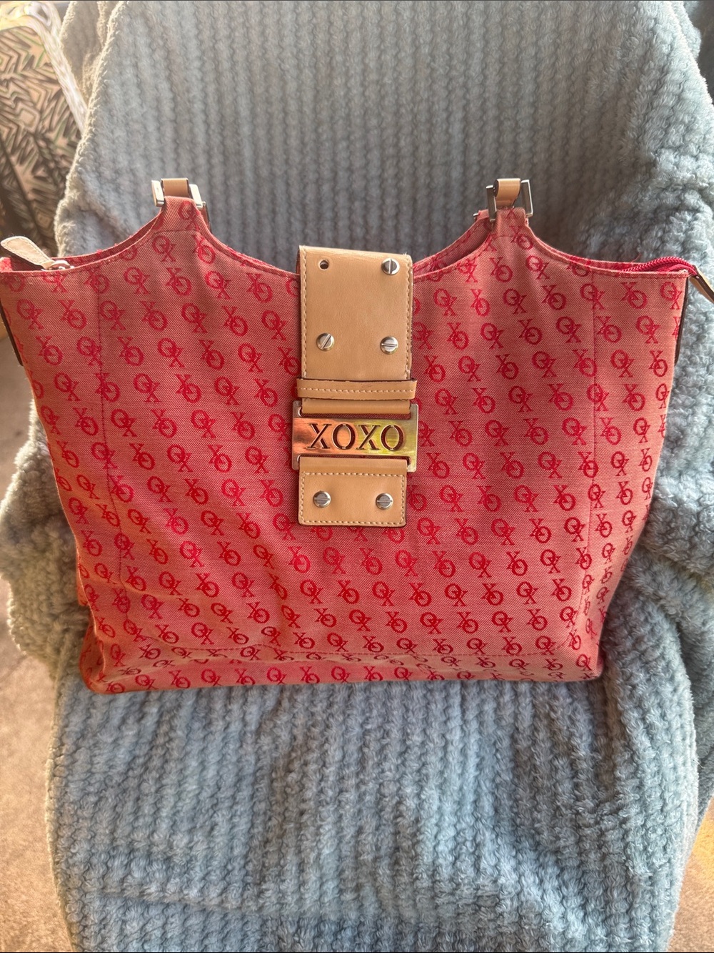 XOXO Red Monogram Tote with Tan Leather Accents